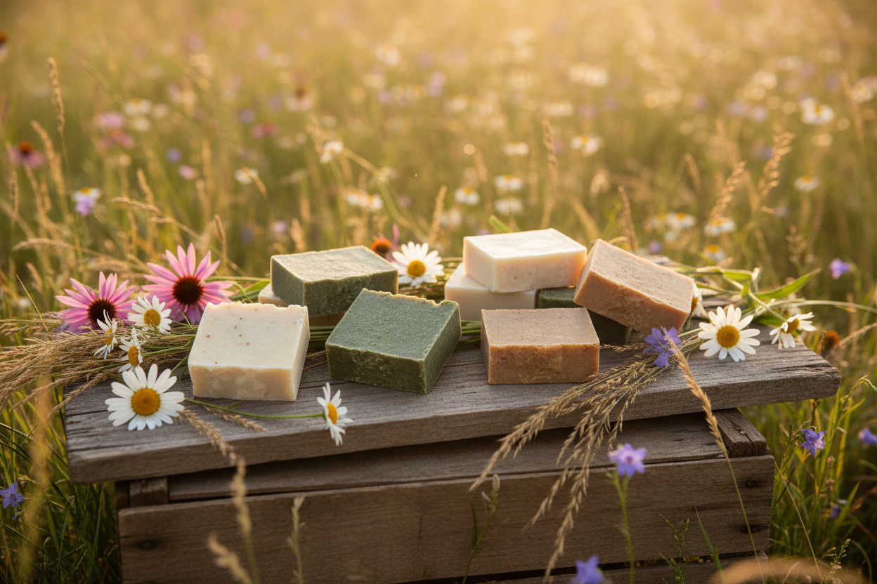 rustic meadow vibe, group of soaps on display